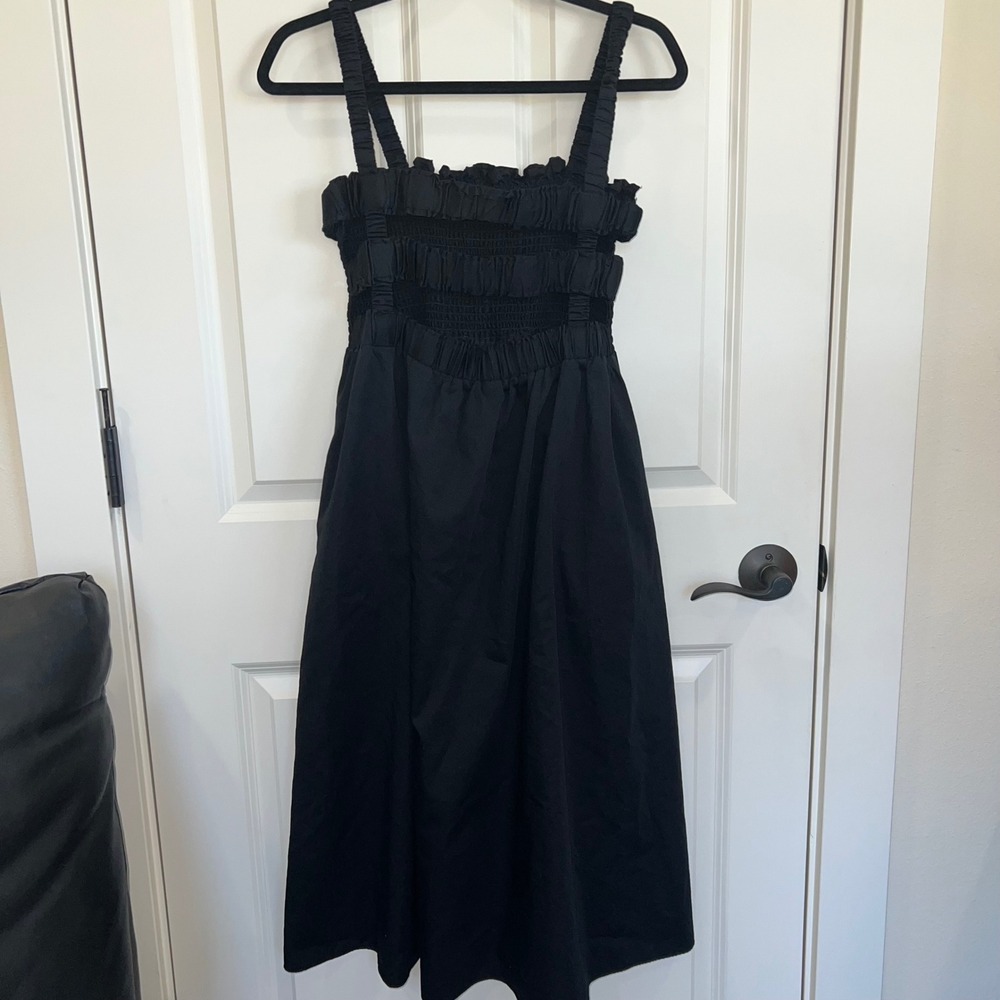Topshop Smocked Cotton Poplin Strappy Back Midi Dress Black Size Petite 12 - Picture 4 of 8
